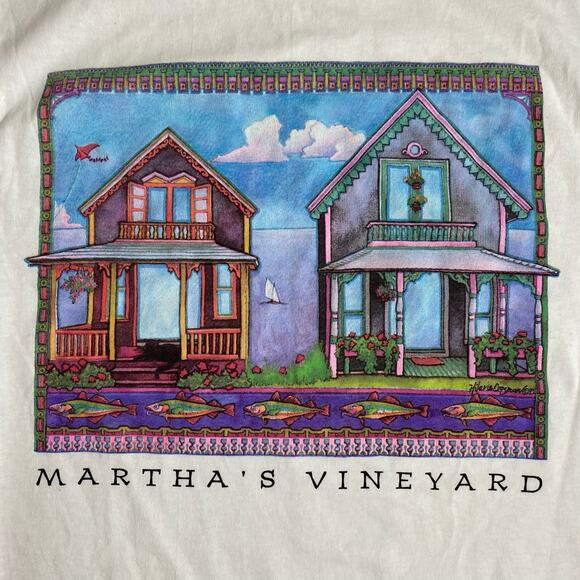 Vintage 90s Martha's Vineyard Single Stitch Graphic Tee Shirt Small Houses - Picture 2 of 4